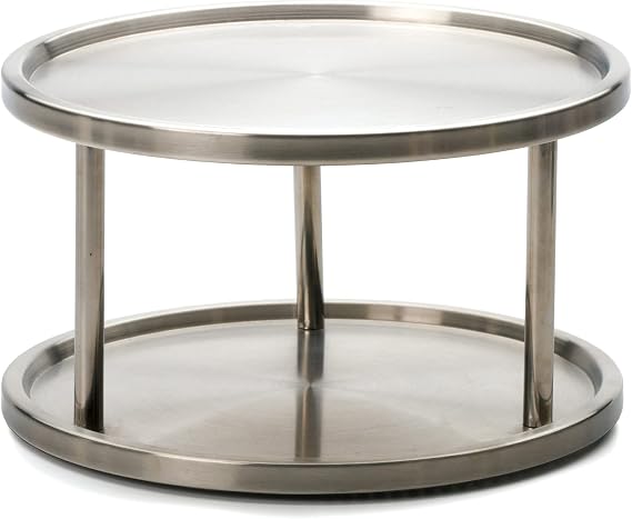 RSVP International Two-Tier Turntable Lazy Susan | Handy in Cabinet, Refrigerators & Counters | Organize Spices, Canned Foods, Pots, Pans, Dinnerware, 10.5" x 6", Stainless Steel