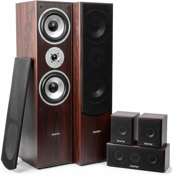 Fenton HF5W Home Cinema Music System for Audio System 1150 Watt - 5.0 Surround Sound System 5-Piece Home Entertainment System Home Cinema Sound System for Home Living Room - Nut Brown