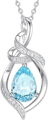 FANCIME Teardrop Gemstone Necklace for Women S925 Sterling Silver Elegant Ribbon Pendent Birthday Gifts for Her, 162 Inches
