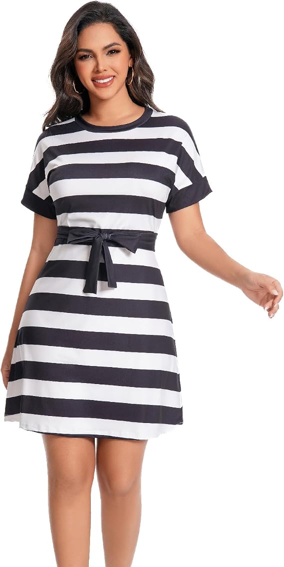 Summer Striped Dress Casual Short Sleeve Dress for Women Party