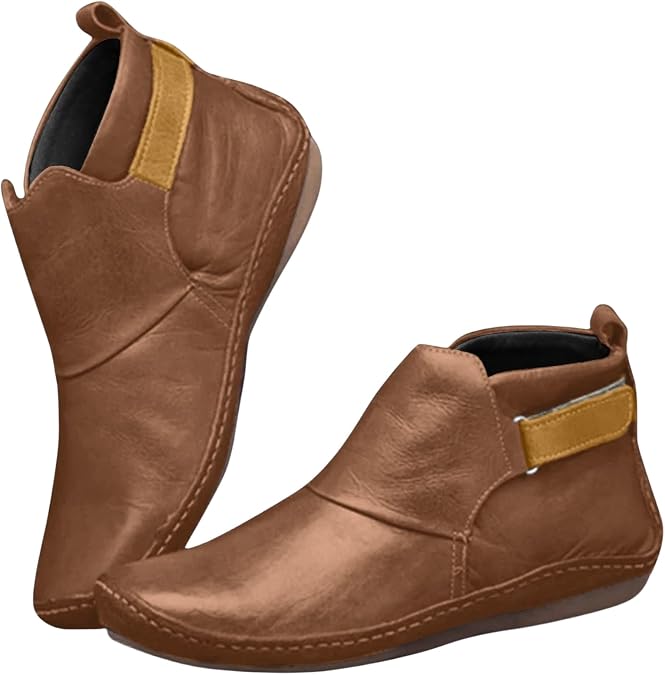 Ankle Boots for Women Vintage Leather Booties Arch Support Side Zip Buckle Strap No Heel Short Boot Flat Shoes