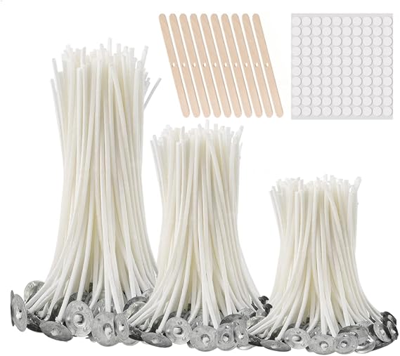 buluker 300Pcs Functional Smokeless Candle Wicks - Pre Waxed Cotton Wick with Metal Sustainer Tabs for Pillar Candle Making and DIY,(2mm/3.5"+6"+8")