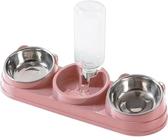 Triple Cat Bowls Pet Feeder with Water Dispenser, 15 Tilted Wet and Dry Food Bowl Set for Cats and Small Dogs, 16.14 Inch-