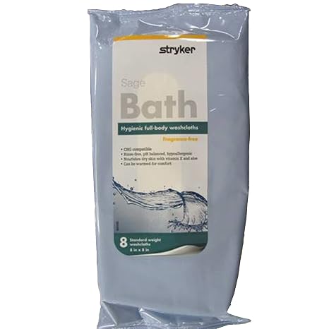 Sage Impreva Bath Cleansing Washcloths - 1 package, 8 cloths - Rinse Free Disposable Bathing Wipes - Hypoallergenic - Standard weight