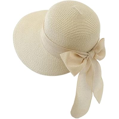 Womens Straw Sun Hat Wide Brim UV Protection Bucket Hat Foldable Packable Bowknot Visor Sun Cap Summer Outdoor Beach Cap