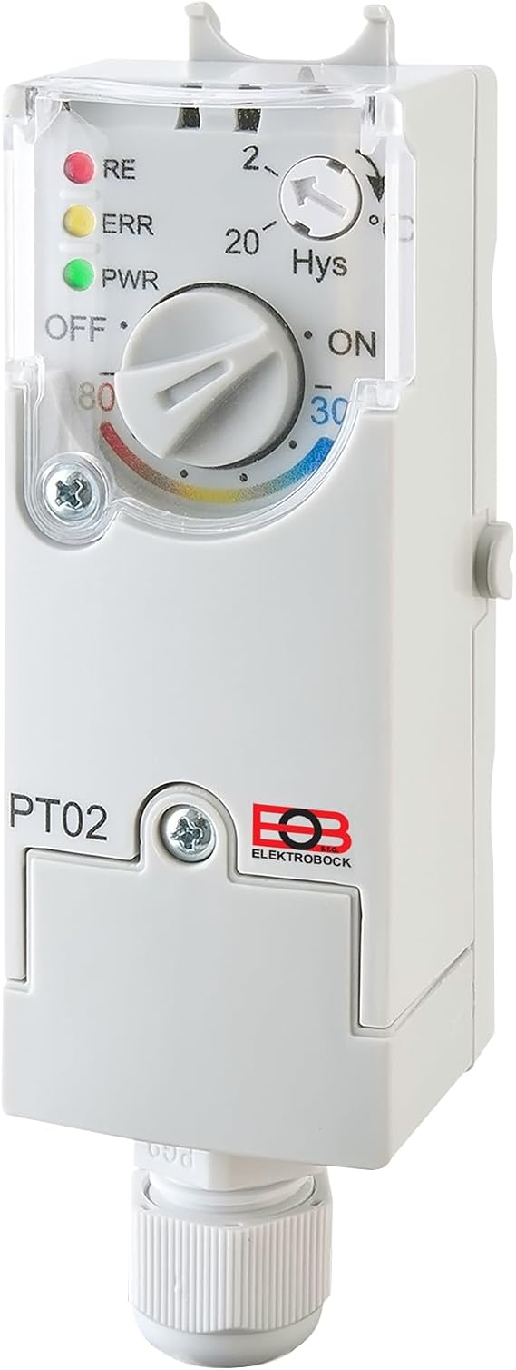 ELEKTROBOCK PT02 Application Thermostat Electronic Temperature Controller 230 V with Integrated Sensor and Adjustable Hysteresis Designed for Heating Pipes / Suitable for Pump Control