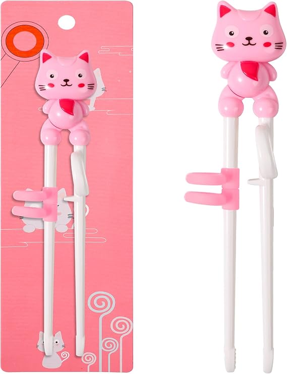 Training Chopsticks Toddler Chopsticks, Cute Animal Shape Easy to Use Learning Reusable Chopsticks Helper With attachable Trainer for Kids Child Baby Adults Beginners, Pink Cat, Dishwasher Safe