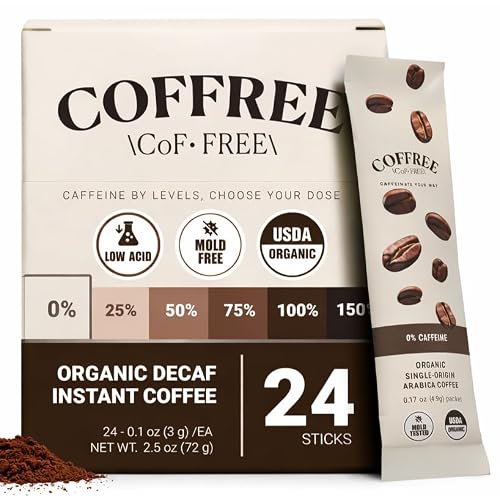COFFREE USDA Organic Decaf Instant Coffee Packets - Single Serve Sticks - Mold Free, Low Acid Arabica - Hot or Cold Brew, Sugar Free - 24 Count
