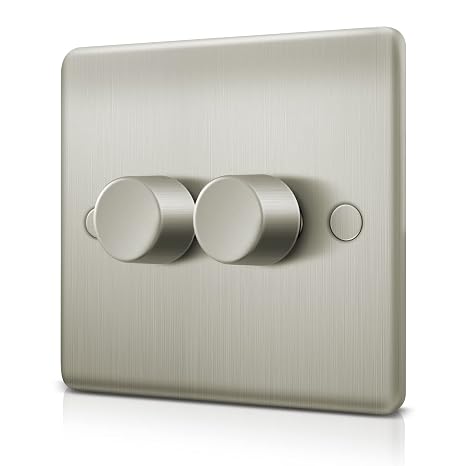 Double Led Dimmer Light Switch, Trailing Edge Light switch for Dimmeable LED/Halogen Lights, Rotary Push On/Off, 2 Gang 1 Way/2 Way, 3-150W, Brushed Steel
