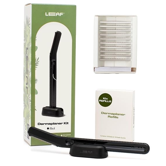 Leaf Shave Dermaplaner Kit - Dermaplane Razor, Stand, 10 Refills - Black