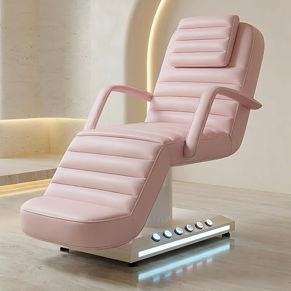 Electric Massage Table with LED Light, Adjustable Facial Bed with Foot Control for Spa, Tattoo, Waxing, and Eyelash Extension, Removable Headrest and Armrest, 90 Back & Leg Adjustment (Pink)