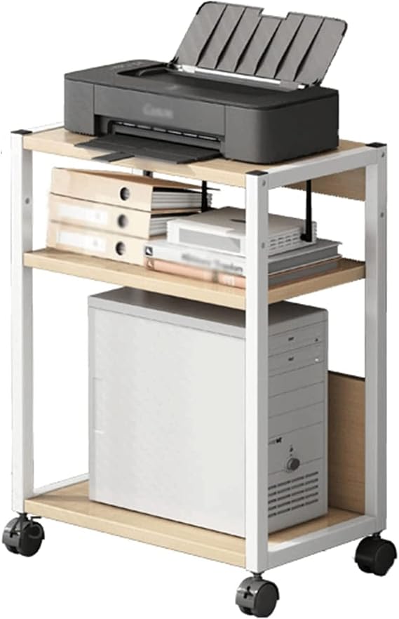 Printer Table 3-Tier Printer Stand, Rolling Floor-Standing Deskside PC Host Stand, Adjustable Printer Holder on Wheels, for Home ＆ Office Storage Shelve