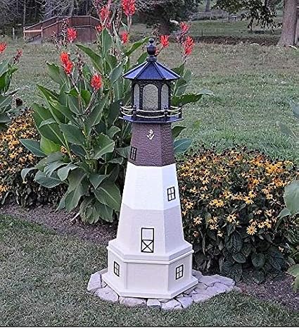 Amish-Made Oak Island, NC Replica Lighthouse with Base and Solar-Powered LED Lighting, 70" Tall