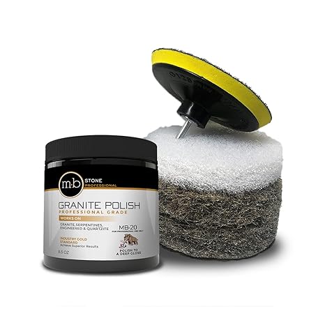 MB Stone MB-20 Granite, Serpentine and Quartzite Polishing Kit Bundle with Hogs Hair Pads & Pad Driver- for Professional use only 8.5oz jar