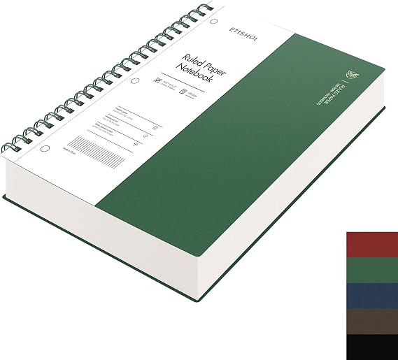 EMSHOI Lined Spiral Journal Notebook, 300 Pages, A4 Size (8.2'' x 11.2'') | College Ruled, 100 GSM Perforated Paper, Plastic Cover, 3-Hole Punched, for School, Writing, Work & Journaling (Dark Green)