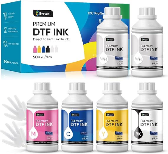 Premium DTF Ink 500ml x 6, DTF Transfer Ink Conversion Kit, Refill for DTF Printers, Modified Sublimation Printer, Heat Transfer Printing Direct to Film(CMYK + 2Wh)