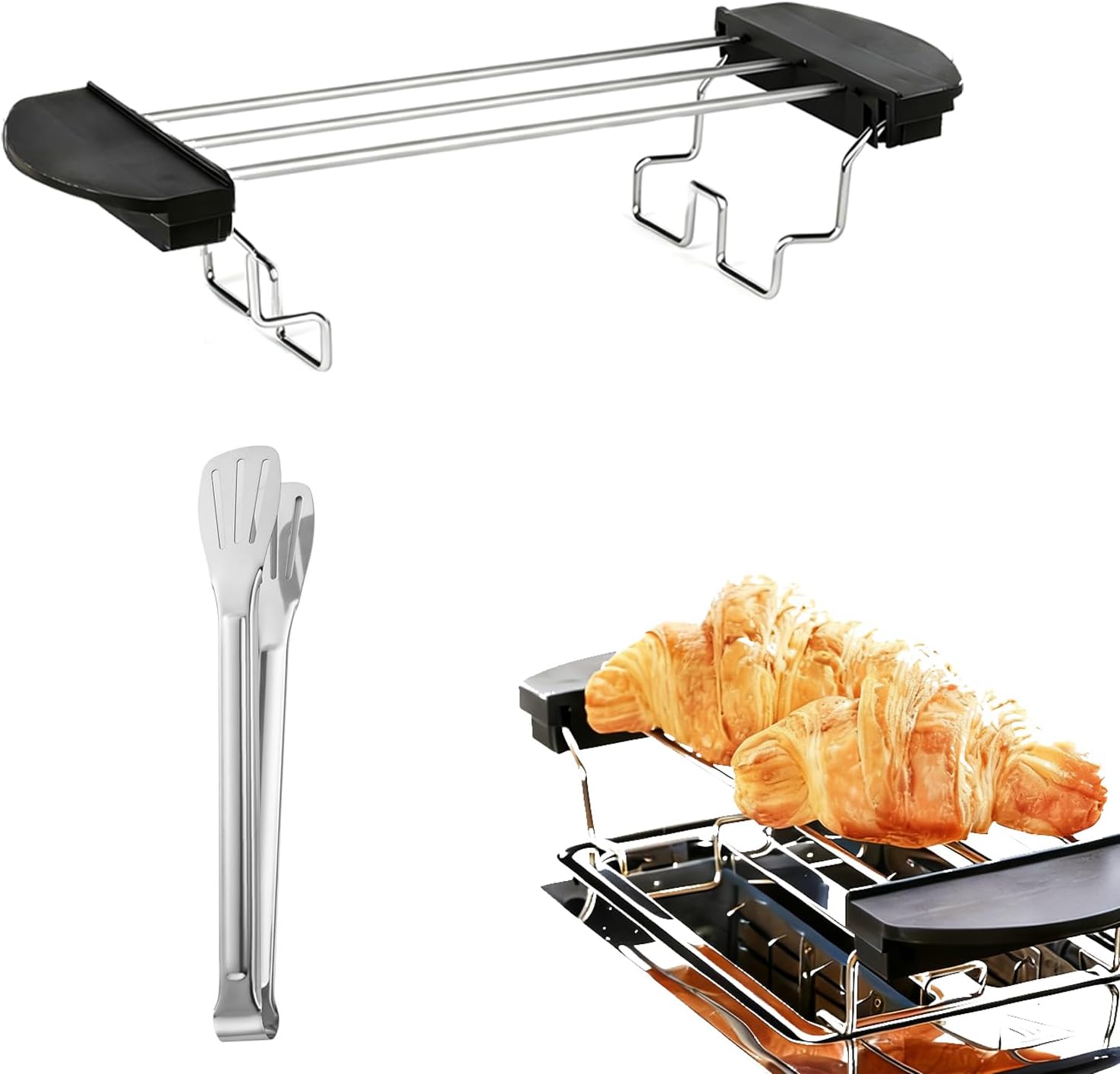 Bun Attachment for Toaster Foldable Toaster Warming Rack with Stainless Steel Tongs Toast Rack for Heating & Cooling Bread Croissants Sandwiches