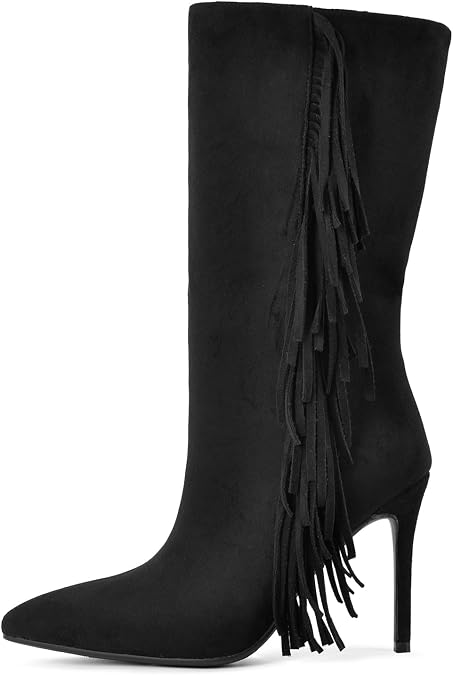 onlymaker Women's Boots Pointed Toe Stiletto Heel Mid-Calf Fringe Side Seam Detail