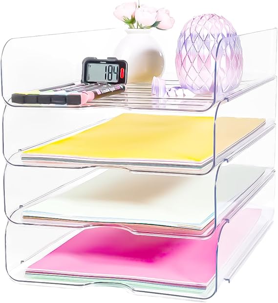 4 Pack Stackable Letter Tray for Desk, Clear File Organizer for Files, iPad, Letters, A4 Office Files, Books, Notes, Vertical
