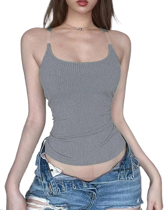 Women Invisible Strap Slim Fit Aesthetic Tank Tops Teen Girls Sexy Y2k Top Summer Ribbed Sleeveless Shirts