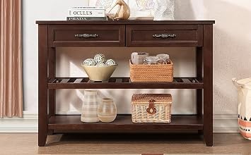 Mid-Century Style Console Sofa Table with 2 Storage Drawers and 2 Tiers Shelves,42'' Solid Wood Buffet Sideboard for Living Room Furniture Kitchen Dining Room Entryway Hallway (Espresso)