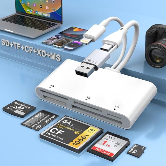 USB 3.0 Memory Card Reader for SD/TF/CF/XD/MS/Micro SD/SDHC/MMC,Multi 5-in-1 Lightning/USB C/USB A Memory Adapter for iPhone 15 14 13/iPad/Android/Samsung/Mac Book/Laptop/Camera/Hard Disk/Flash Drive