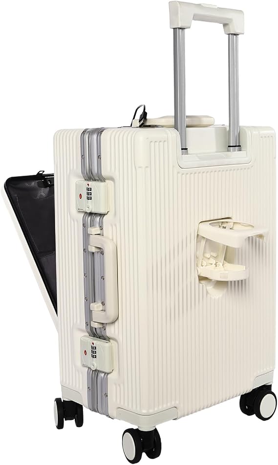 Zipperless Carry On Luggage, PC Hard Shell Suitcas - 14.2" L x 9.5" W x 22" H, Reinforced Aluminum Frame, Cup Holder & Hook, 2 Password Locks, USB Port, 4 360 Spinner Wheels (White)
