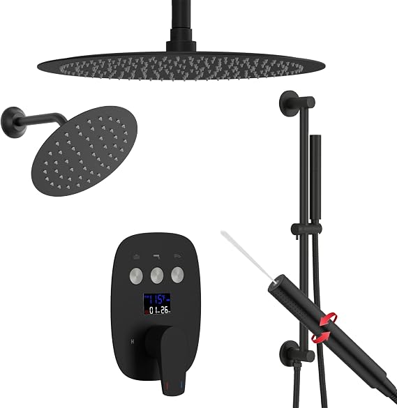 Matte Black Ceiling Shower System & Wall-Mount Faucet Set