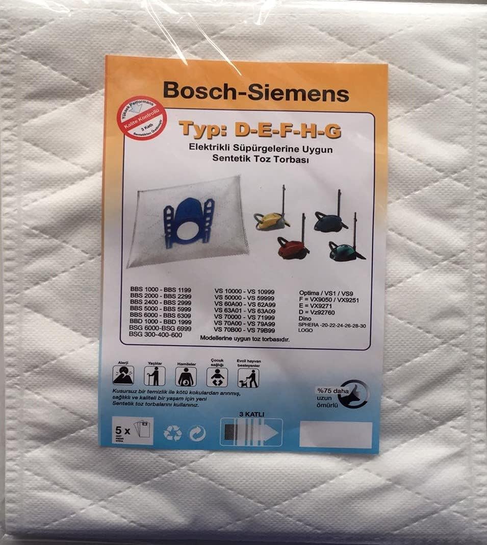 Bosch ile Uyumlu - SİEMENS TYPE: D-E-F-H-G ELEKTRİKLİ SÜPÜRGE SENTETİK TOZ TORBASI 5 ADET