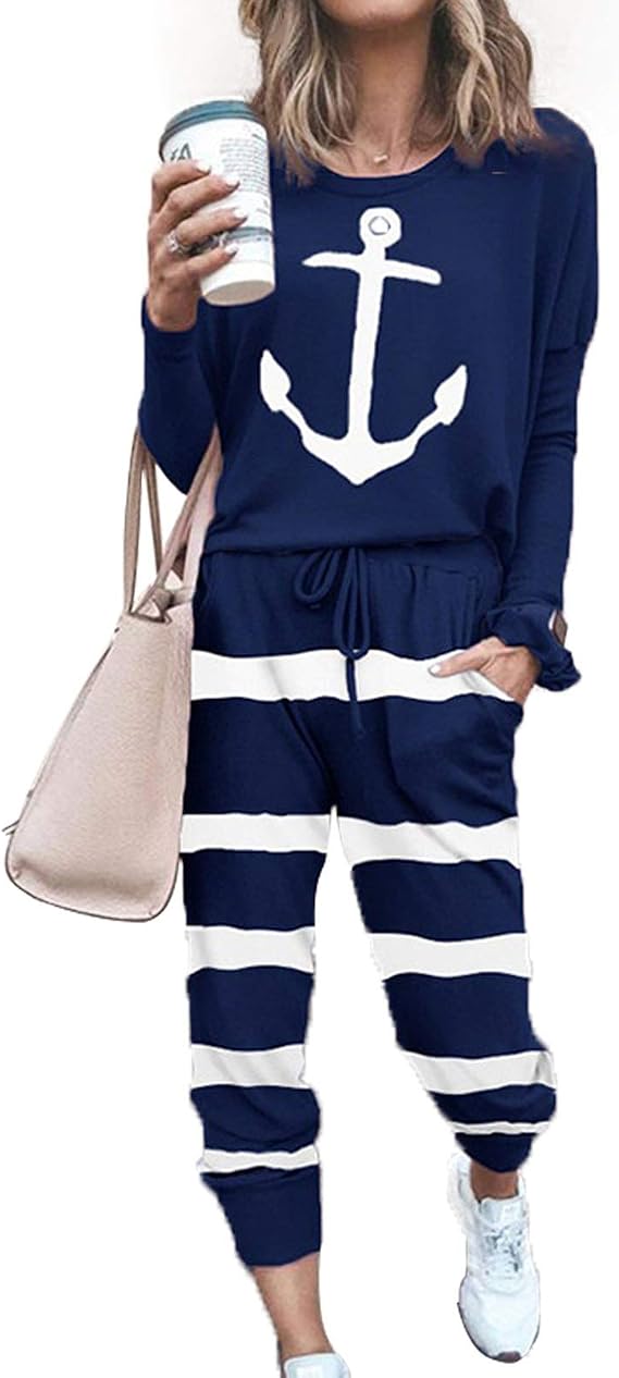 Women Casual Outfit Solid 2 Piece Outfit Long Sleeve Crewneck Pullover Tops and Long Pants Sweatsuits Tracksuits