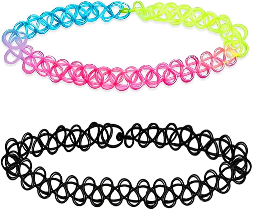 2PCS Black Tattoo Choker Necklace Rainbow Tattoo Chokers Necklace 90s Choker Blue Tattoo Chokers Y2k Purple Tattoo Collar Gothic Adjustable Stretchy Elastic Necklace for Women