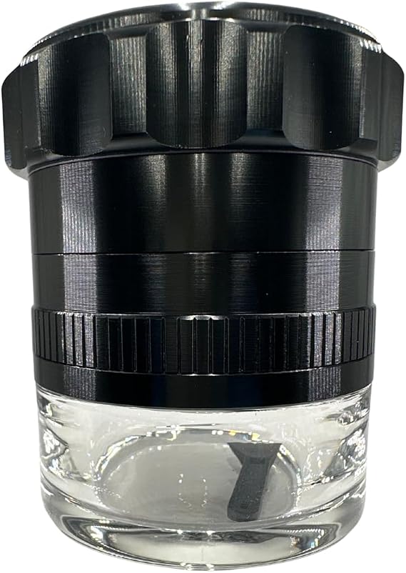 Spice Grinder. 2.5 inch herb grinder with jar attached. Jar offers a larger storage capacity. Anodized Aluminum alloy with glass bottom. (Black, 2.5 Inches x 3 Inches)