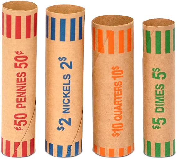 100pcs Assorted Heavy Duty Preformed Coin Wrappers Rolls - Quarters, Pennies, Nickels and Dimes (Total 100 pcs)