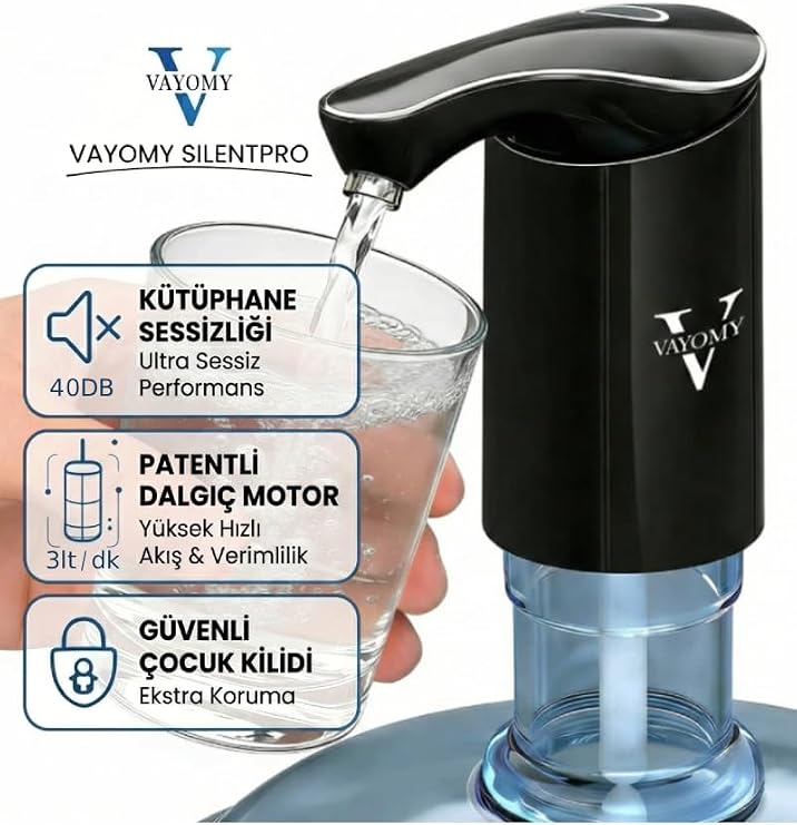 Silentpro Sessiz Şarjlı Otomatik Damacana Su Pompası, Dalgıç Motor, Yüksek Hızlı Dolum, BPA içermeyen, Çocuk Kilidi
