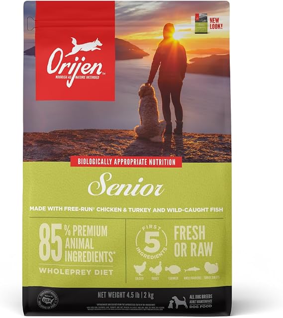 ORIJEN Senior Dry Dog Food 4.5 lb. Bag with Fresh Free-Run Chicken and Turkey, Wild-Caught Fish and NEST-Laid Eggs