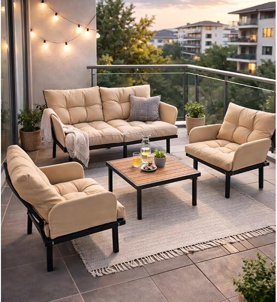 Bahçe Takımı Balkon ve Cafe Modüler Metal Koltuk Takımı 2+1+1 Sehpalı Bej 1637