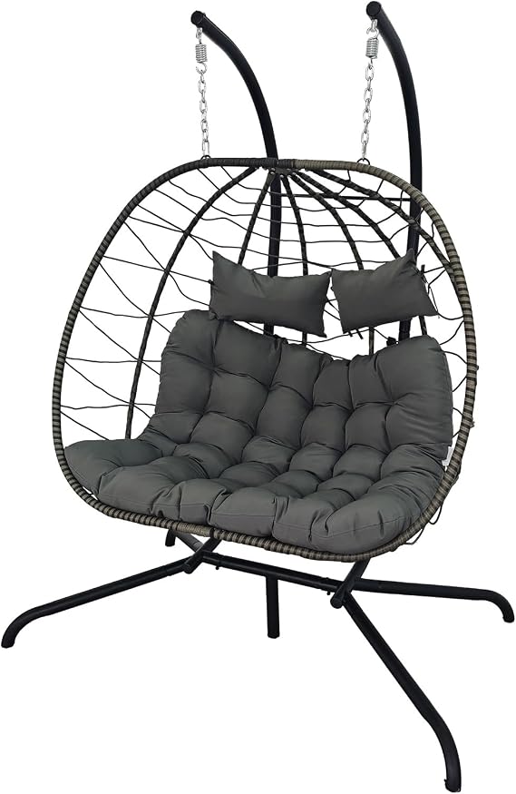 BIRCHTREE Hanging Egg Chair with Thick Cushions and Stand Garden Swing Hammock Chair Indoor Outdoor Sturdy Frame PE Rattan Double for Patio Balcony Grey