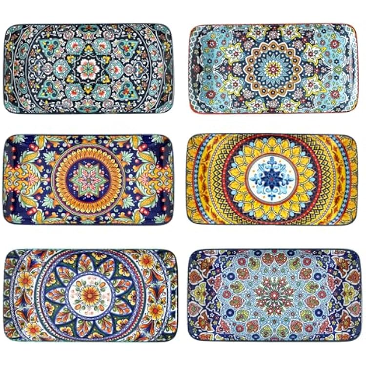 glowworm 10.5 Inch Rectangular Dinner Plates, Ceramic Salad Plates Set of 6, Porcelain Serving Platters for Dessert, Appetizer, Microwave & Oven Safe, Bohemian