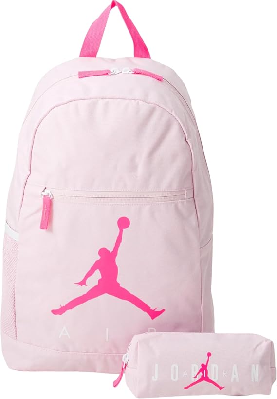 Jordan Light Pink Backpack with Bright Pink Logo, Zip Closure, Front Pocket and Pencil Case Included | Unisex Back to School Backpack