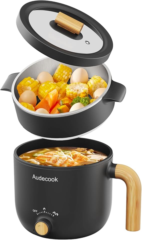 Audecook Electric Hot Pot with Steamer, 1.5L Portable Non-Stick Mini Multifunctional Cooker, Travel Electric Skillet with Dual Power Control for Ramen Noodles/Pasta/Egg/Soup/Oatmeal (Black)