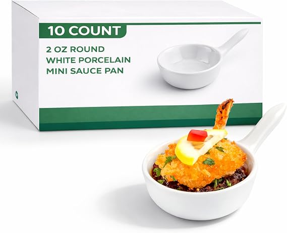 Restaurantware Mini Sauce Pan with Handle Porcelain Sauce Pan - White - 1.5 oz - 3.8 Inches Long - 10ct Box