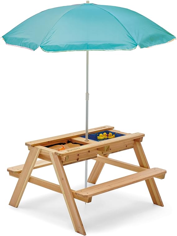 Plum Play Surfside Junior Sand and Water 3 in 1 Activity Play Picnic Table with Sunshade Parasol - Removable Table Top (Teal)