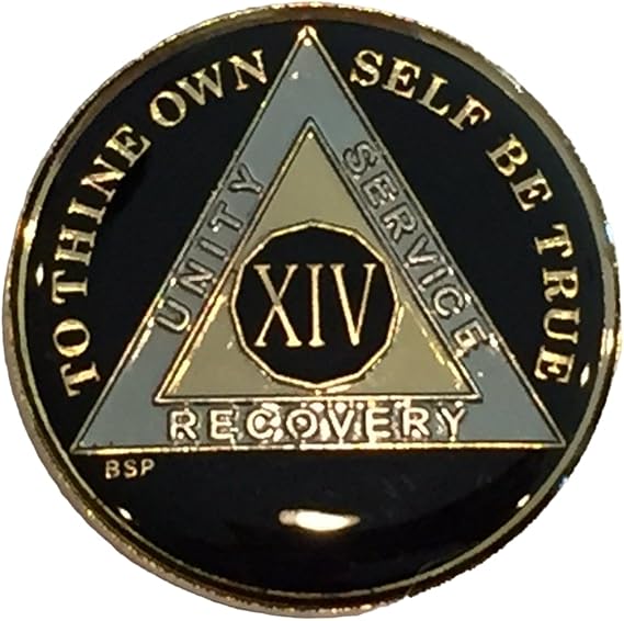 14 Year Classic Black AA Alcoholics Anonymous Medallion Sobriety Chip Tri Plate Gold & Nickel Plated Serenity Prayer