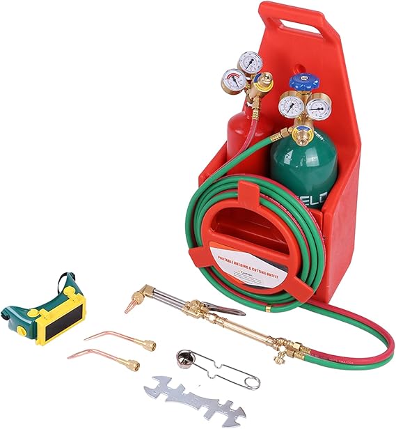 Portable Oxy Acetylene Torch Kit, Long Pipe Brass Nozzle Welding Torch Kit with Gauge Oxygen Acetylene, Brazing Torch Kit, Welding Cutting Torch Kit Soldering Equipment (Red)