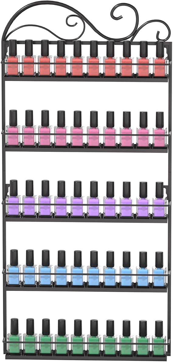 ERYTLLY Wall Mounted Nail Polish Rack, Rectangle Nail Storage Organizer, Salon Shelf Organizer (Black)