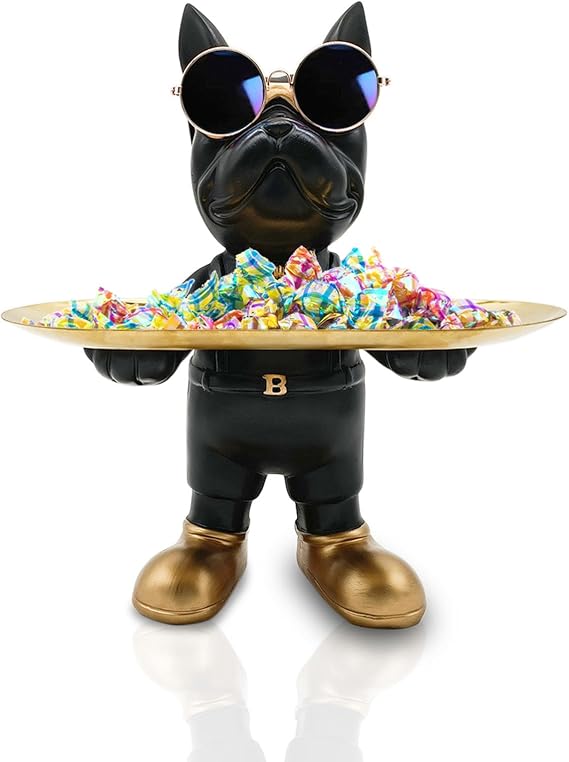 Huhote Bulldog Tray Statue, Standing Bulldog Candy Dish Key Holder Bowl, Resin Statue for Office Desk Home Decor Figurine Entryway Table Decor (Black)