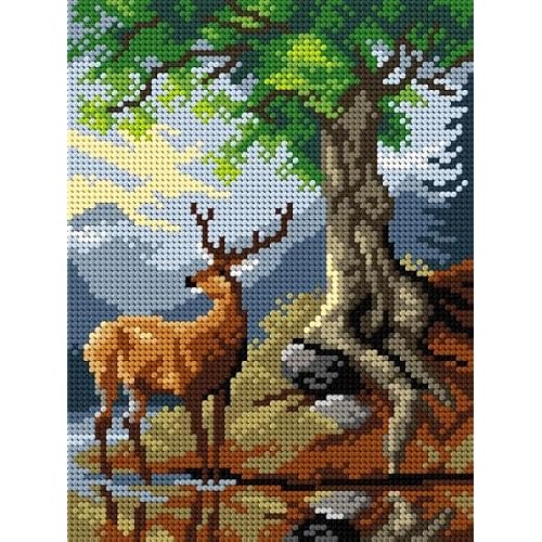 Wizardi Needlepoint Canvas for halfstitch Without Yarn After Friedrich Gauermann - A Stag by Lake Gosau 3173F Orchidea