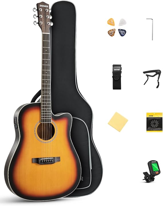 Donner 41'' Acoustic Electric Guitar Kit for Beginners Adults, Full Size Cutaway Acoustic Guitar with Built in Pickups, Capo, Picks, Tuner, Strings, Strap - Sunbrust