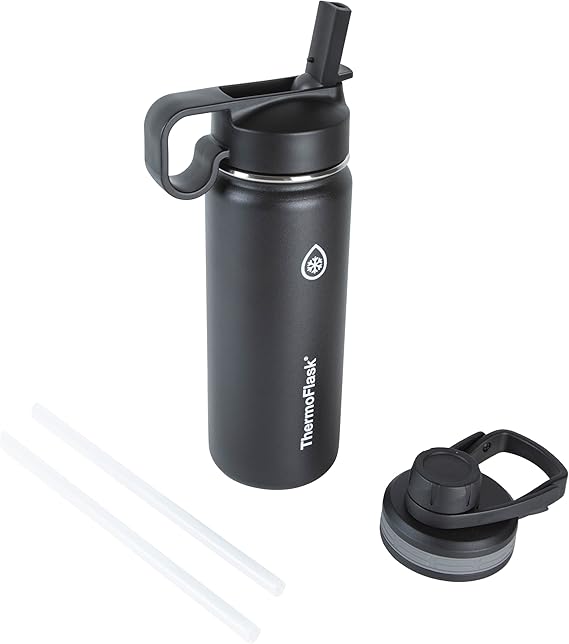 Thermoflask 18 oz Double Wall Vacuum Insulated Stainless Steel Water Bottle with Spout and Straw Lids, Black