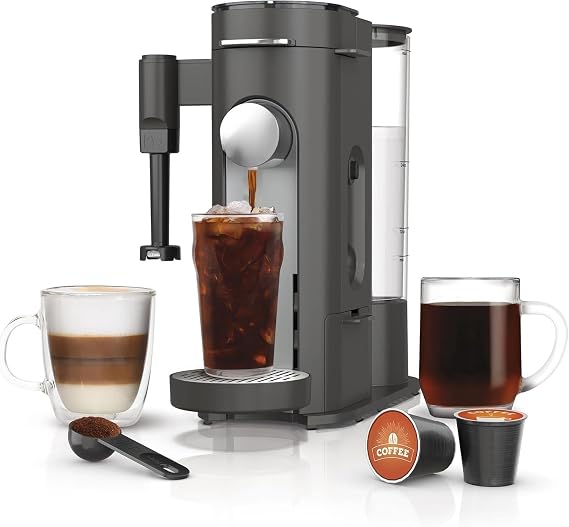 Single-Serve Coffee Maker, Pods & Grounds, 4 Brew Styles: Classic, Rich, Over Ice, Specialty, Compact, Frother, 6-24 oz Brew Sizes, Travel Mug Friendly, Gray, PB050